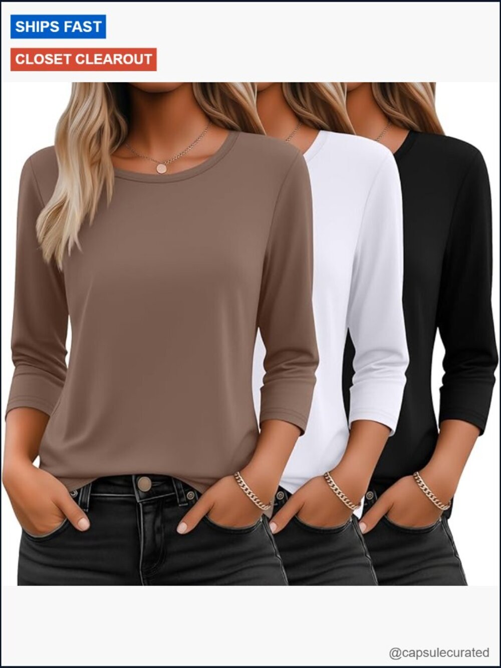 3/4 Sleeve T-Shirts for Women - 3 Pack Loose Fit Crew Neck Basic Tees